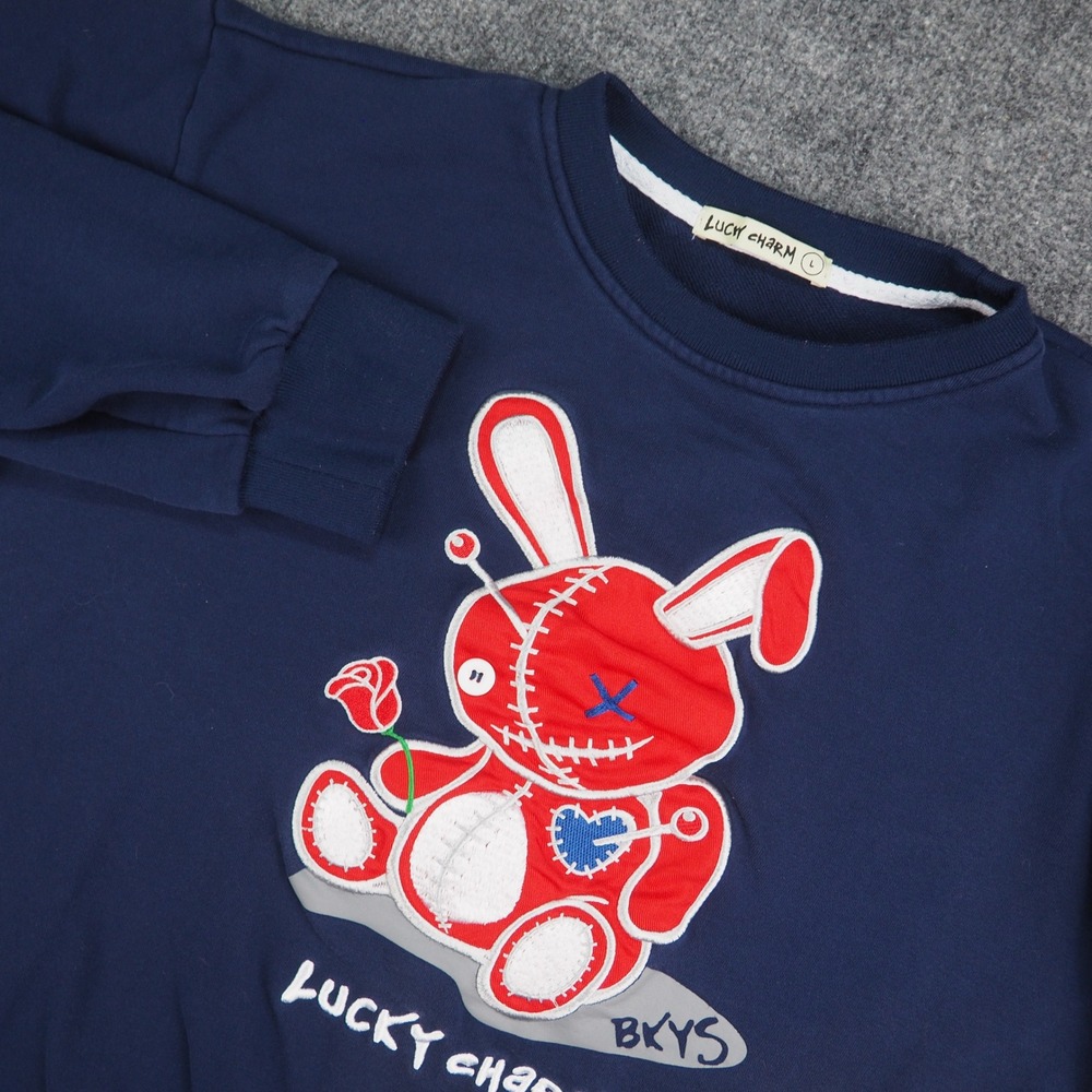 Lucky Charm Sweatshirt Mens Large Navy Blue BKYS Voodoo Bunny Graphic Streetwear